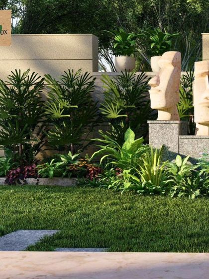 A 3D render of a front garden concept featuring a captivating sculpture. We use these visualizations to show clients how we can turn a simple front yard into an extraordinary garden oasis.