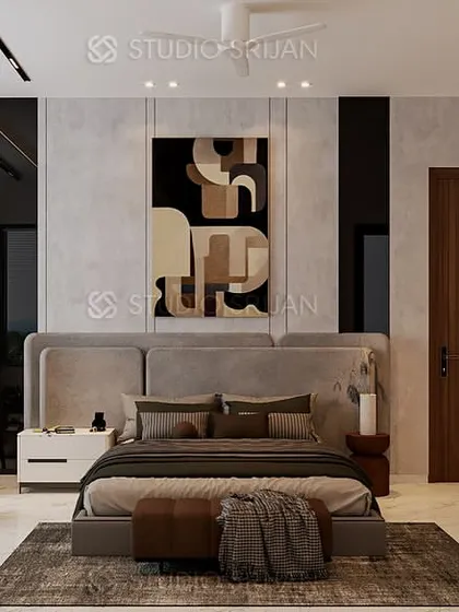 A modern bedroom with a mix of materials, including wood paneling, concrete-finish walls, and black accents. The large, abstract art piece adds a bold statement.