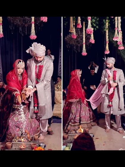 A diptych showing key moments from a Hindu wedding ceremony. It captures the couple participating in the rituals around the sacred fire, a central part of their vows.
