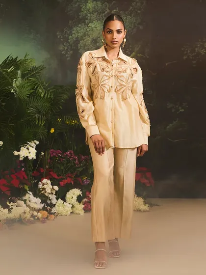 A full-length view of the beige Lunara Co-Ord Set, a testament to modern, sophisticated design.