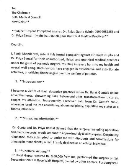 This is a formal complaint I filed with the Delhi Medical Council against a doctor for unethical and illegal practices in cosmetic surgery. It details misleading advertisements and exploitative behavior, which caused severe harm to a patient. I take urgent action to hold negligent practitioners accountable and prevent further harm to the public.