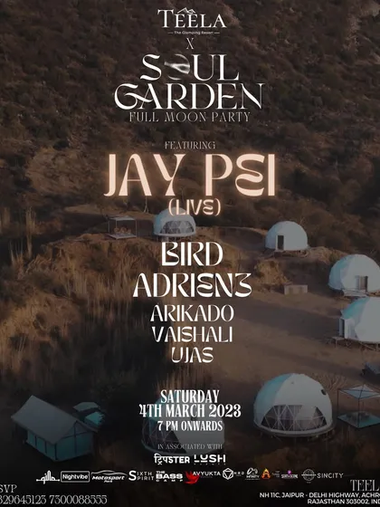 The poster for a Full Moon Party in Jaipur. The beautiful, scenic backdrop of the flyer hints at the magical, open-air experience of the event.