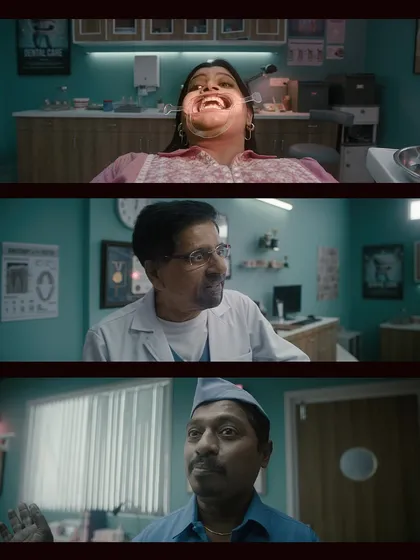 Stills from a commercial for Pav Picks featuring cricketer Krishnamachari Srikkanth. We created a comedic, slightly stylized look for this dentist clinic scene with clean, even lighting.