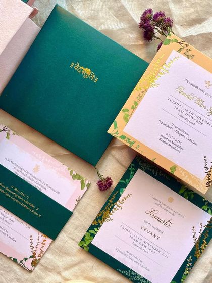 The complete Tulsi Vivaah invitation set, showing how the different cards and the belly band come together. The consistent theme and color palette create a harmonious and elegant suite.