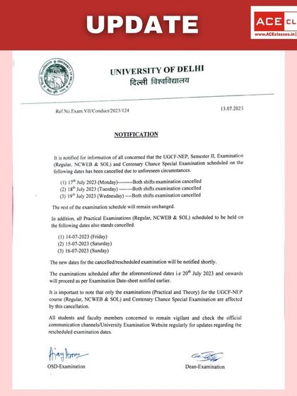 An official notification from the University of Delhi regarding the cancellation of certain UGCF-NEP Semester II examinations due to unforeseen circumstances.