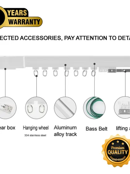 We pay attention to every detail to ensure premium quality. Our curtain systems use durable components like a stainless steel hanging wheel, a strong aluminum alloy track, and a quiet bass belt, all backed by a 5-year warranty.