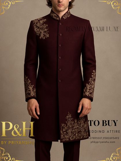 A torso shot displaying the fine fabric and precise button placement on the wine Indo-Western suit, details that define its luxury quality.