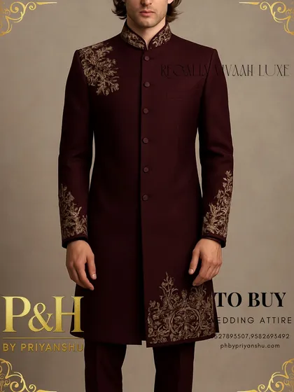 A torso shot displaying the fine fabric and precise button placement on the wine Indo-Western suit, details that define its luxury quality.