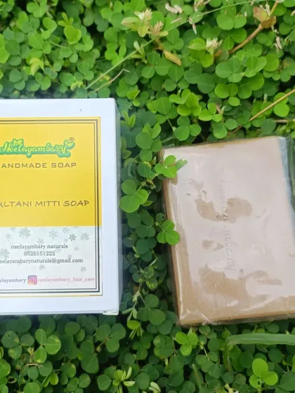 Here is my Multani Mitti soap with its packaging. This soap is excellent for removing excess oil and impurities from the skin, helping to control acne and providing a natural glow.