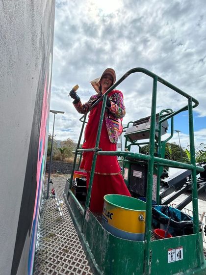 The artist on the lift, adding the final touches to the international mural project.