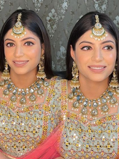 A beautiful example of a soft glam look perfect for a day wedding or a pastel-themed event. The makeup is minimal yet impactful, with a focus on clean skin and a neutral matte lip.