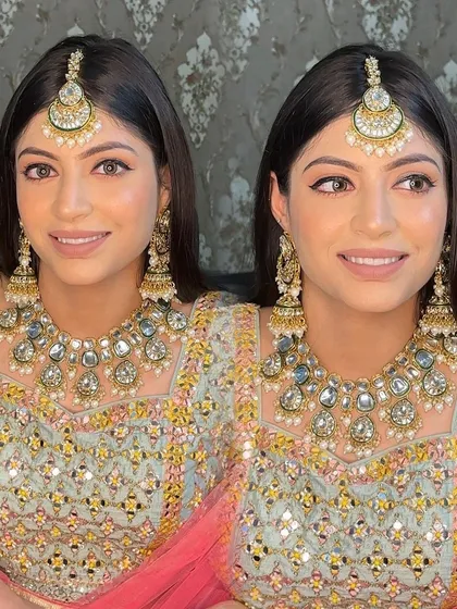A beautiful example of a soft glam look perfect for a day wedding or a pastel-themed event. The makeup is minimal yet impactful, with a focus on clean skin and a neutral matte lip.