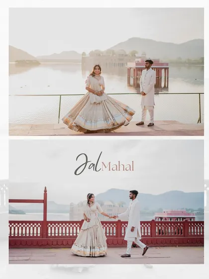 A collage dedicated to Shailesh and Rachita's shoot at Jal Mahal, showcasing the beauty of the location from different angles.