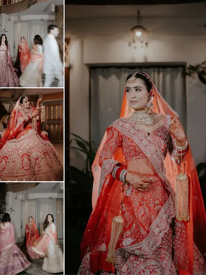 A collage showing the bride's journey to the mandap and her stunning bridal look. We tell a story that includes the grand moments and the beautiful details.