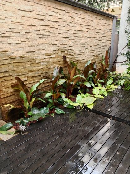 A stylish combination of a stacked stone wall and a dark wood deck, with plants adding softness to the modern hardscape.