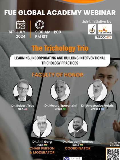 The faculty of honor for our FUE Global Academy Webinar, featuring top experts from the USA, Brazil, Greece, and India.