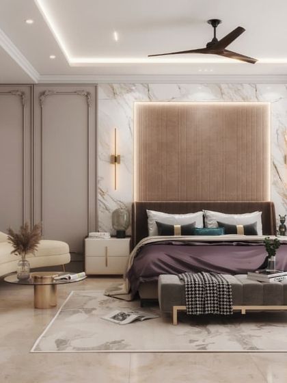 This bedroom suite is defined by its elegant marble-paneled walls and classic molding. Our renders capture the sophisticated blend of materials and the calm, hotel-like luxury of the space.