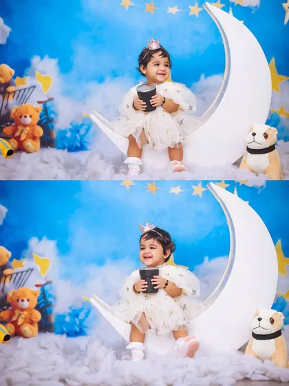 A dreamy moon and stars theme for your little angel. This collage shows the baby sitting on a crescent moon prop, surrounded by soft clouds and smiling stars.