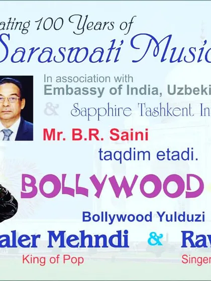 My event management services are not limited to Delhi. This poster is from a "Bollywood Nite" I organized in Tashkent, featuring stars like Daler Mehndi and Ravi Kishan, showcasing my ability to manage large scale international cultural shows.