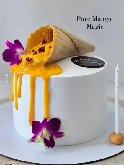 A creative "spilling ice cream cone" cake, with fresh mango puree and chunks cascading down the side.