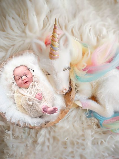 A truly magical combination. Here, our little one, dressed in a soft white outfit and glasses, is pictured sleeping beside a mythical unicorn with a rainbow mane.