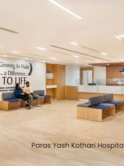 The OPD billing area at Paras Yash Kothari Hospital, another adaptive reuse project. By repurposing existing structures, we can create modern, functional healthcare spaces that are integrated into the urban fabric.