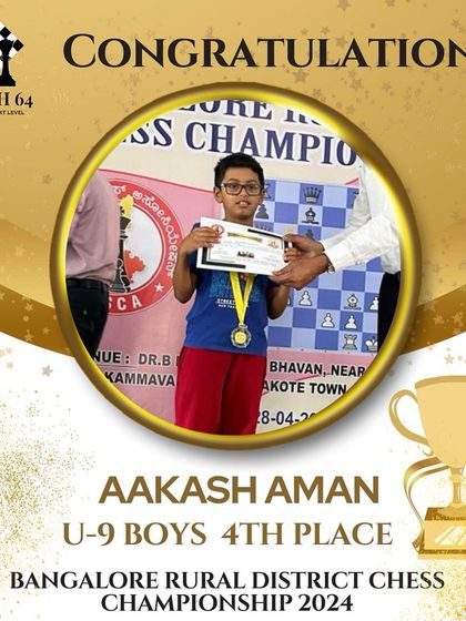 A great debut for Aakash Aman, who placed 4th in the U-9 Boys category at his first tournament, the Bangalore Rural District Chess Championship.