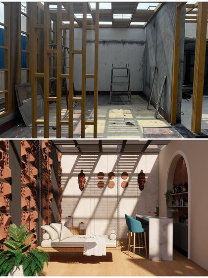 From a raw construction shell to a chic rooftop lounge. This transformation showcases our ability to integrate features like terracotta jali walls, a custom swing, and a functional bar area, complete with an arched entrance, all within a compact space.
