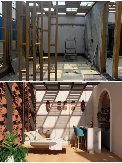 An unused part of the rooftop becomes a chic lounge area in our design. We used terracotta jali screens and a daybed swing to create a semi-private, artful space for relaxation.