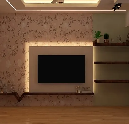 Exploring wallpaper options for a TV wall. This one features a subtle floral pattern.