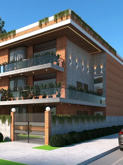My architectural work often involves using honest materials like brick and concrete. This facade design shows how I combine these raw textures with large glass panels and integrated greenery to create a modern home that feels warm, grounded, and connected to nature.