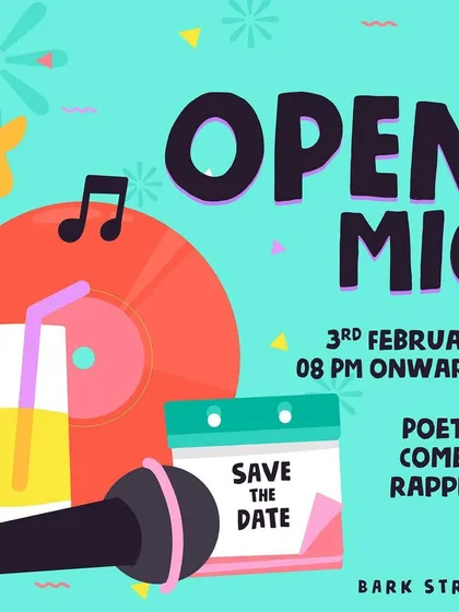 Be silly, be fun, be crazy! A poster for our Friday Open Mic nights, featuring poetry, comedy, and rapping.