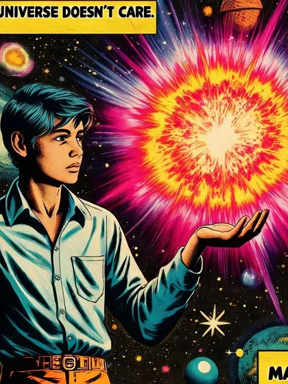 A vintage comic book style panel with the text 'THE UNIVERSE DOESN'T CARE. MAKE IT.' This is a personal reminder and a motivational piece, blending cosmic nihilism with a call to creative action.