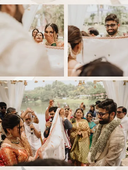From shy peeks during the Antarpat ritual to the joyous Varmala, we capture the entire narrative. This collage shows the progression of a traditional Maharashtrian wedding ceremony.