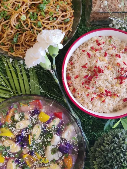 A vibrant and complete homemade Asian meal, featuring our popular Chilli Garlic Noodles, Sesame Pepper Rice, and a colourful mix of exotic vegetables in a savoury sauce.