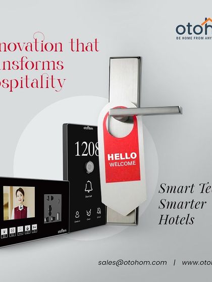 Our smart hotel technology is designed to be both innovative and welcoming. The system includes a smart door lock, a digital room number panel with a doorbell, and an in-room console for viewing visitors.