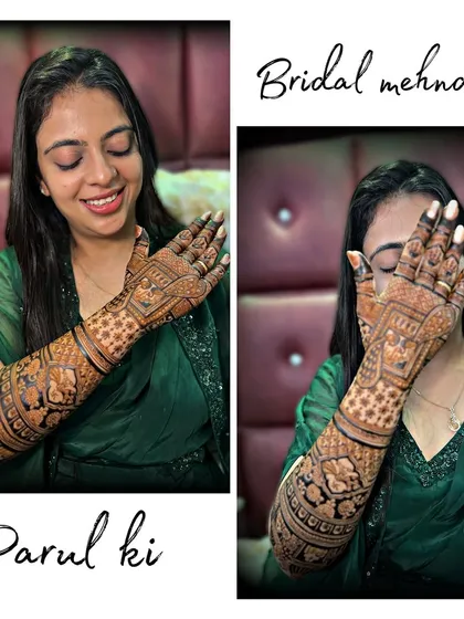 A lovely collage capturing the bride Parul and her stunning bridal mehndi. The design is intricate and full, a perfect example of the detailed work I love to do for destination weddings.