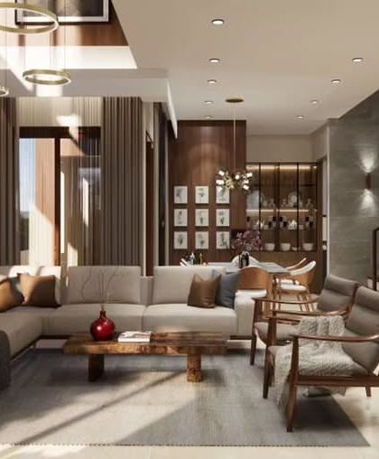 A render of the contemporary living and dining area for a villa in Odion Woods. The space features warm veneer paneling, marble-finish tile cladding, and a view of the staircase and lift.