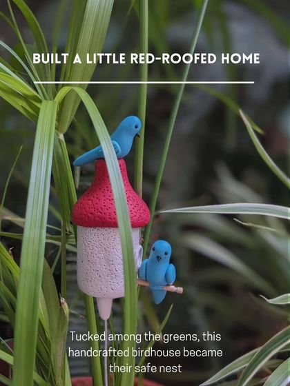 A close-up of the red-roofed birdhouse, tucked among the greens. It became a safe nest for the tiny clay birds in this broken pot arrangement.