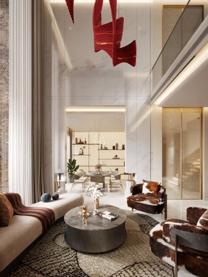 This render captures a moment in a double-height living area, highlighting a dramatic red art installation. It shows our ability to integrate bold, artistic elements into a refined interior space.