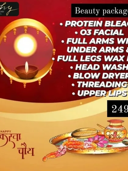 This is a great example of our popular festive packages. This Karwa Chauth special was designed as a complete head-to-toe pampering session, combining an O3 facial, full-body RICA wax, a fresh hair wash and blow-dry, and threading. We bundle our best services to get you ready for your big celebrations.