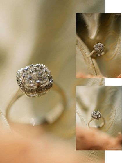 A collage of macro shots of a beautiful diamond engagement ring, capturing its sparkle from different angles.
