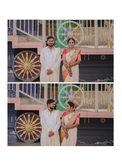 A diptych of the couple posing in front of a colorful, traditional backdrop.