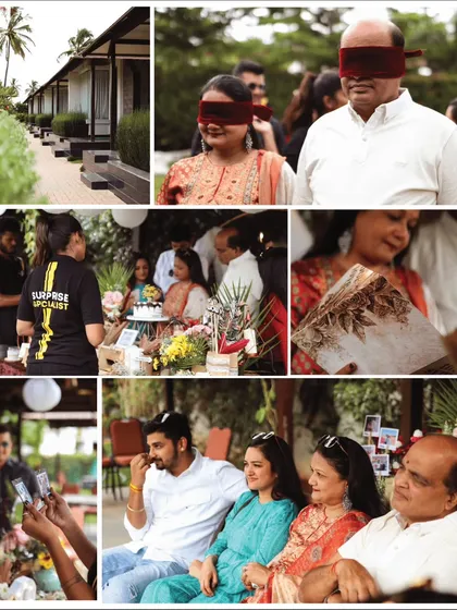 This collage captures the human moments of a Destination Surprise. From the blindfolded reveal to the family enjoying the hosted bonding session, it's all about creating memories together.