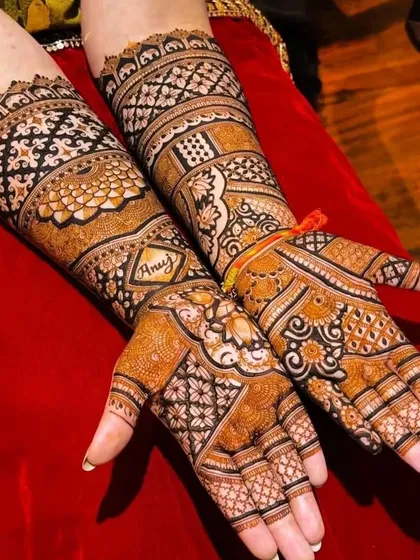 An intricate design with a mix of many traditional patterns, personalized with the name 'Anuj'.
