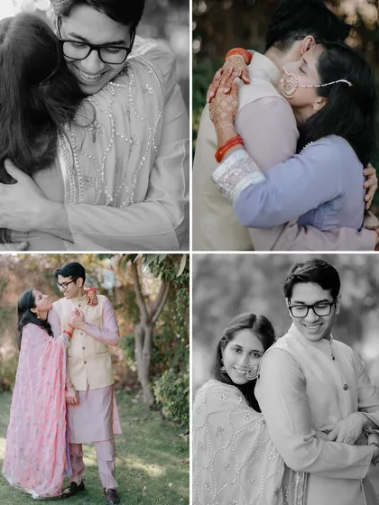 A collage showing four different moments from Kanika and Abhinav's shoot. It includes a mix of color and black and white, showcasing their loving and playful interactions.