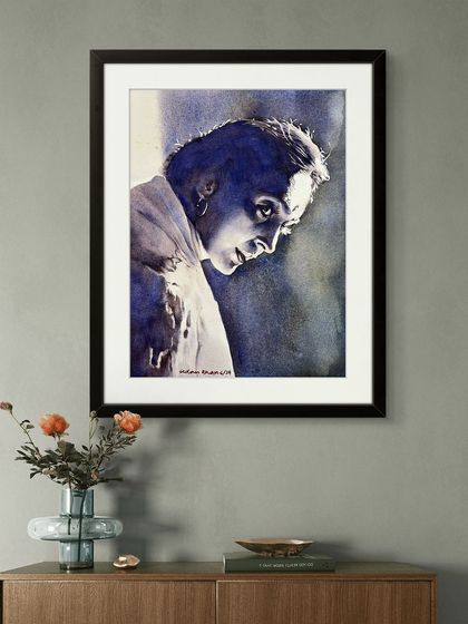 The side-lit Nutan portrait displayed in a room setting, showing how a monochrome piece can make a strong artistic statement.