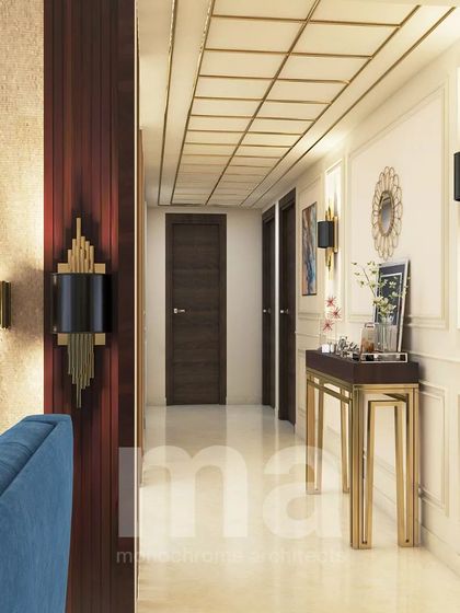 Another render of a contemporary hallway design. The combination of dark wood doors, metallic accents on the console and lights, and classic wall moulding creates a sophisticated entrance.
