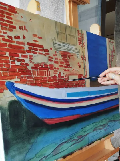 Building the brick wall one stroke at a time. This work-in-progress shot of the Venice painting shows the first layer of color being applied over the underpainting.
