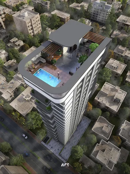 An aerial view of the Ariha One08 residential tower, showcasing the rooftop infinity pool and social terraces. My design integrates amenities as extensions of the lifestyle, not just add-ons.